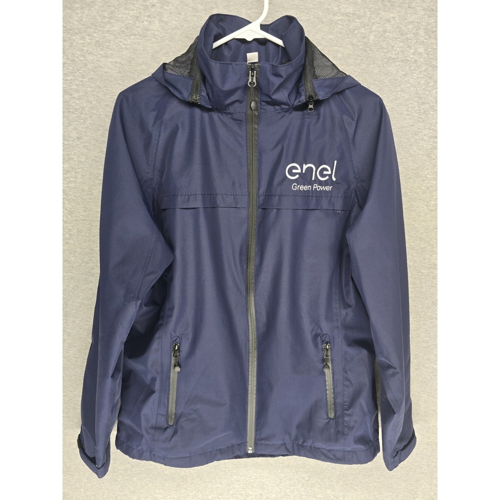 Port Authority Women's Medium Navy Blue Rain Jacket Enel Green Power Hooded Flaw